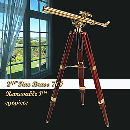 Vackert 2,5-tums deluxe-teleskop för dag och natt i mässing med robust mahognystativ
